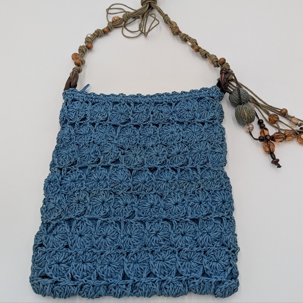 Capelli Straworld Crochet Crossbody Bag Boho Woven Paper Tassels Festival Beaded